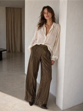 JIJIL Designer Olive Green/Brown Vertical Stripe Pants